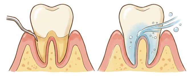 従来の保険内クリーニングと自費診療のパウダーメインテナンスの効果と手法の違いの比較イラスト